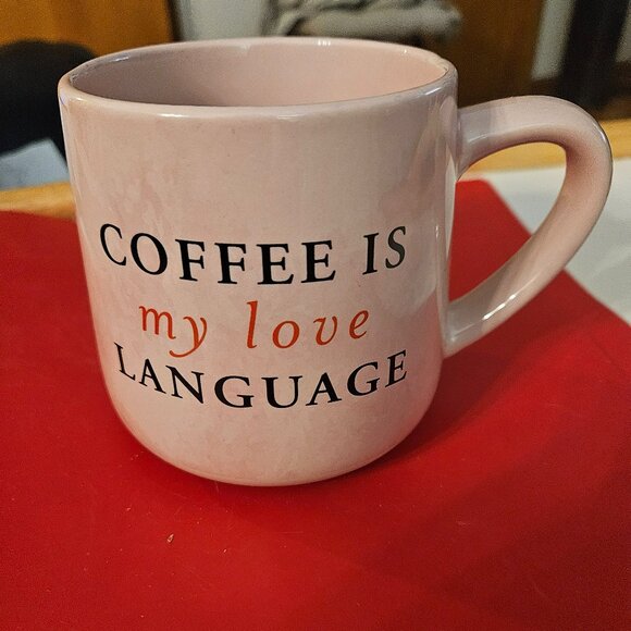 pink mug with coffee graphics for coffee lovers graphics on both side - Picture 1 of 7